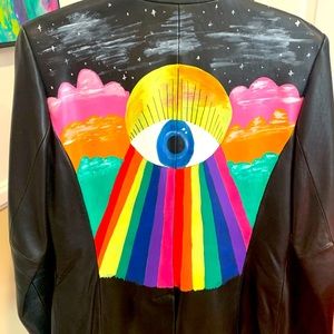 Upcycled Black leather hand painted jacket